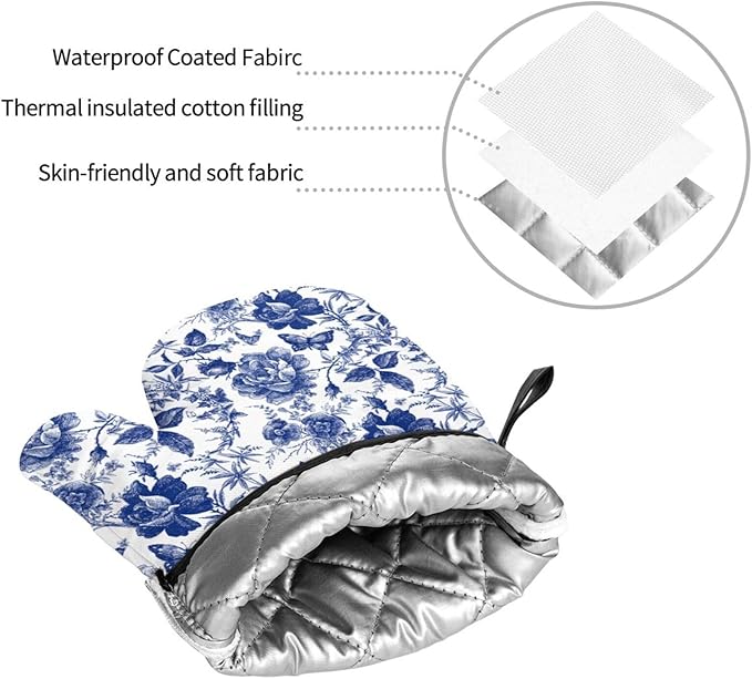 Blue and White Porcelain Floral Butterfly Oven Mitts and Pot Holders Set of 4 - Image 7