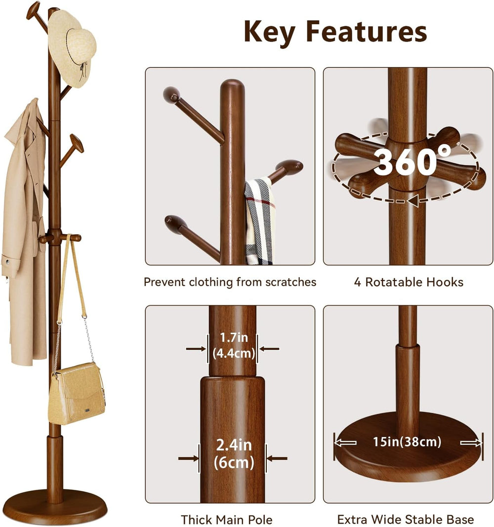 Taitiy Solid Wood Coat Rack Freestanding Coat Tree with 10 Hooks for Bedroom,...