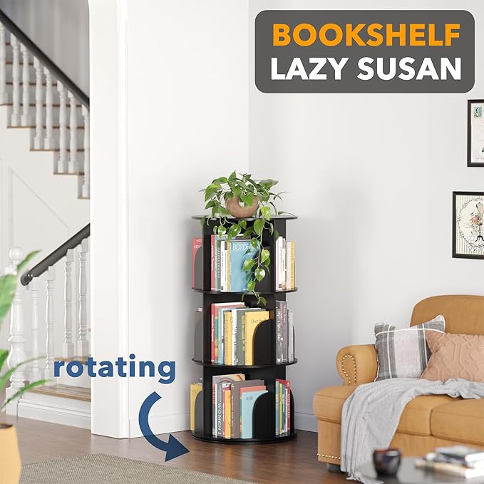 SpaceAid 3 Tier Rotating Bookshelf Tower, Spinning Bookcase Lazy Susan, Revol...