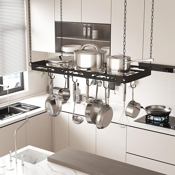 33” Pots and Pans Hanging Rack, Heavy-duty Metal Square Kitchen Ceiling Pot Rack