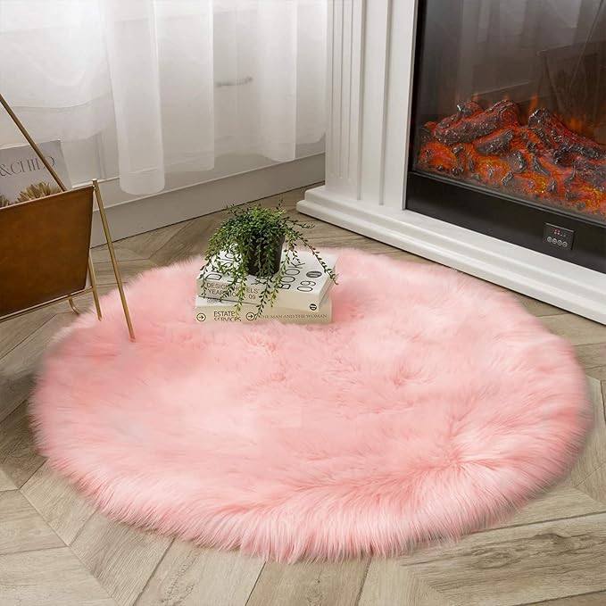 Latepis Round Pink Faux Sheepskin Fur Rug Circle Rugs 4ft Soft Fluffy Rugs - Image 7
