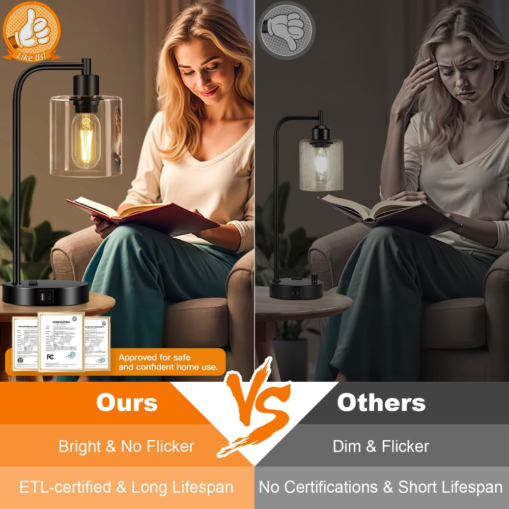 Set of 2 Industrial Touch Control Table Lamps with USB C+A Ports and AC Outle...