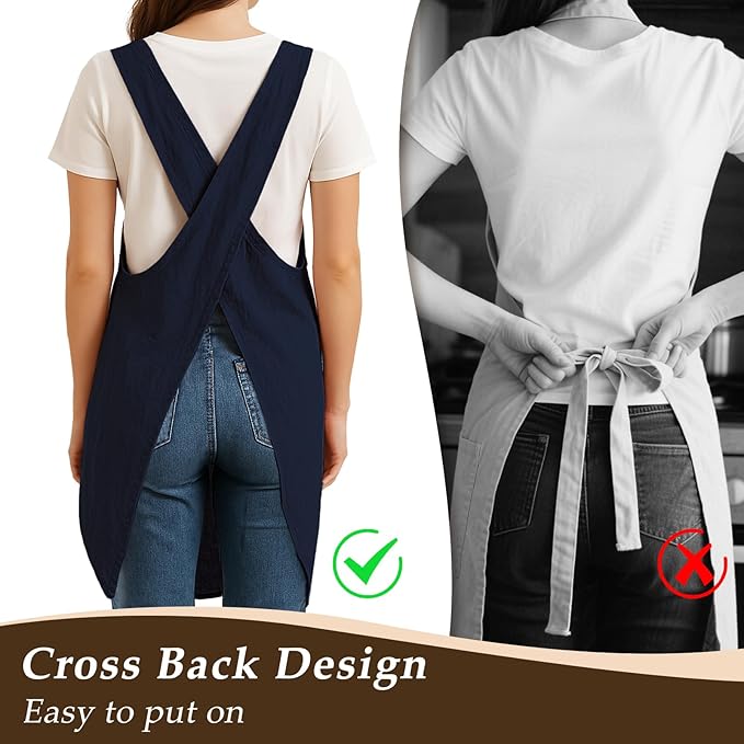 Apron for Women with Pocket Cotton Linen, Japanese Cross Back Apron for - Image 3