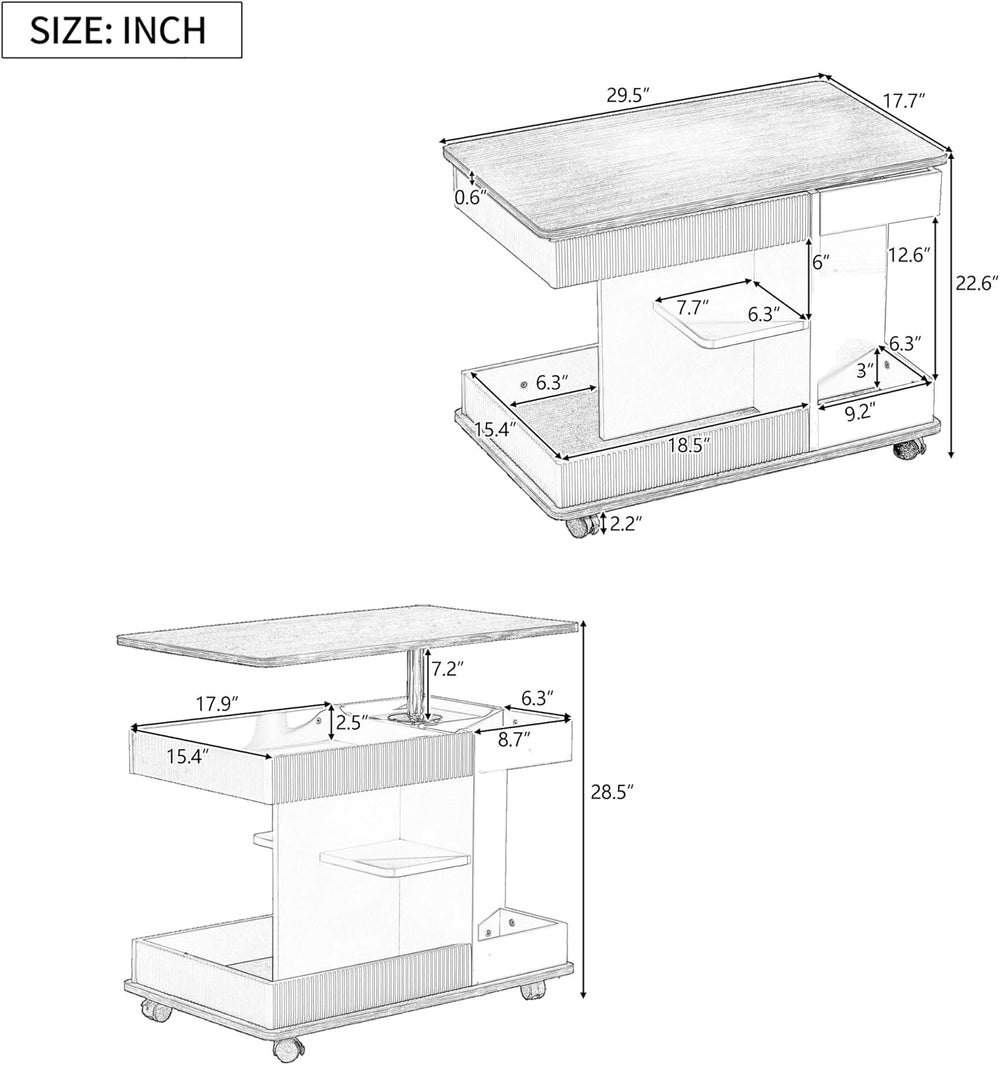 Modern Adjustable End Table with Wheels, 360° Rotating and Adjustable Lift-To...