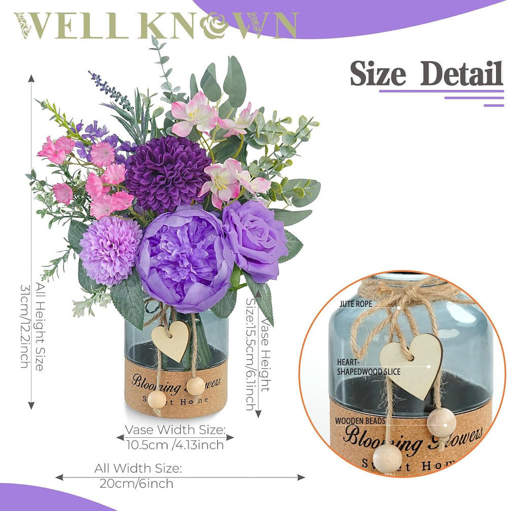 Artificial Purple Flower Arrangement in Glass Vase with Heart Tag