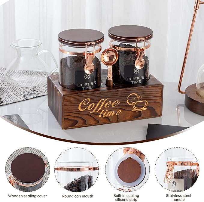 Glass Coffee Canister Set with Torched Wood Shelf, 2 Pack 45oz Airtight Storage