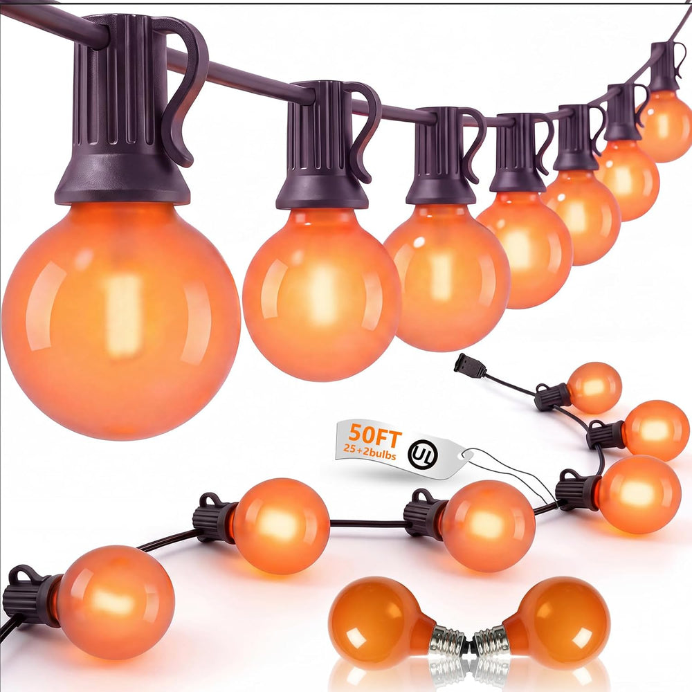 50FT Halloween Orange G40 LED Outdoor String Lights Plug in, 25 Globe Bulbs