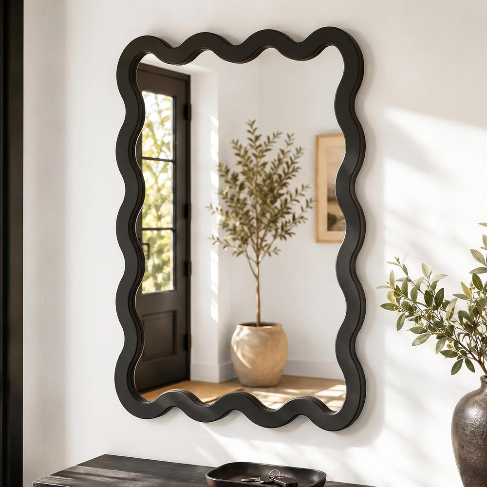 24x36 Black Wavy Bathroom Wall Mirror, Solid Wood Frame for Vanity
