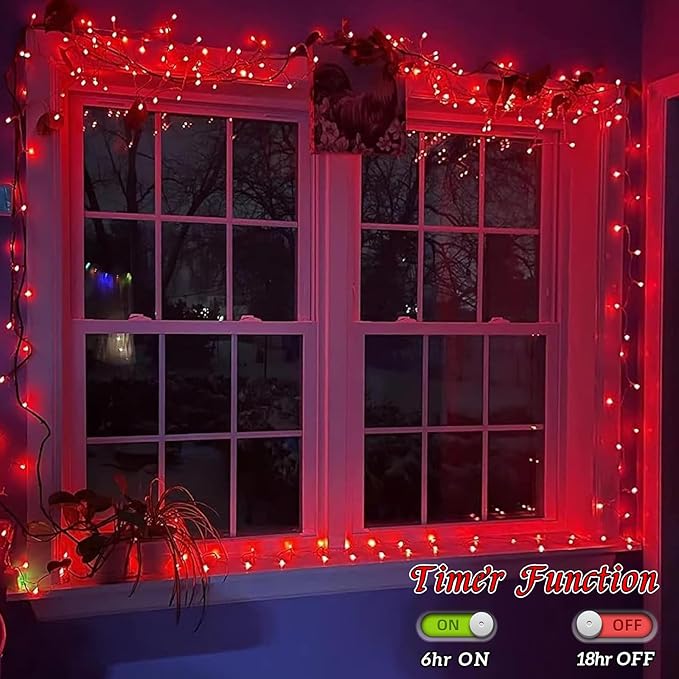 YEGUO 66ft 200 LED Red Halloween Lights Outdoor Waterproof, Green Wire Christ...