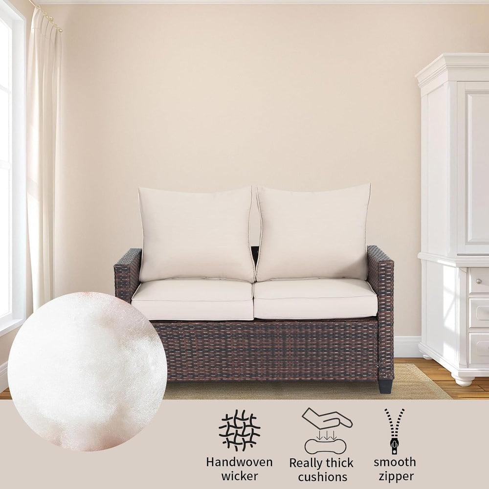 EortheX Patio loveseat 2-Seat Rattan Wicker Sofa,Beige,for Deck Garden