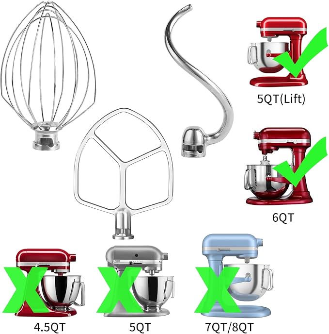 Stainless Steel 3 Piece kit Attachments，Dough Hook 6 Wire Whisk Flat Beater - Image 5