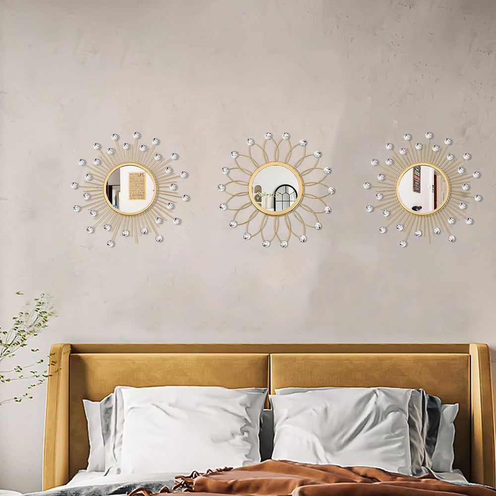 3 Pack Metal Mirrors for Wall Sunburst Wall Mirror Gold Crystal Home Accent