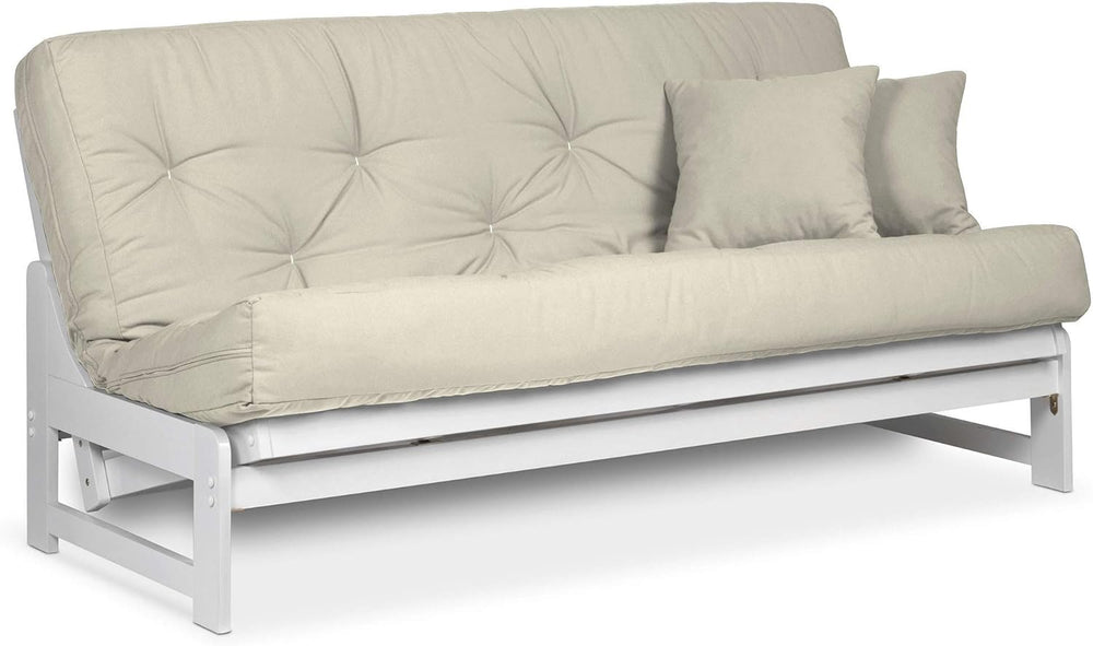 Nirvana Futons Arden White Futon Set Queen Size - Armless Futon Frame with Ma...