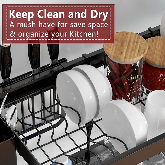 VNKZI Over Sink Dish Drying Rack, 2 Tier Stainless Steel Storage Adjustable - Image 5