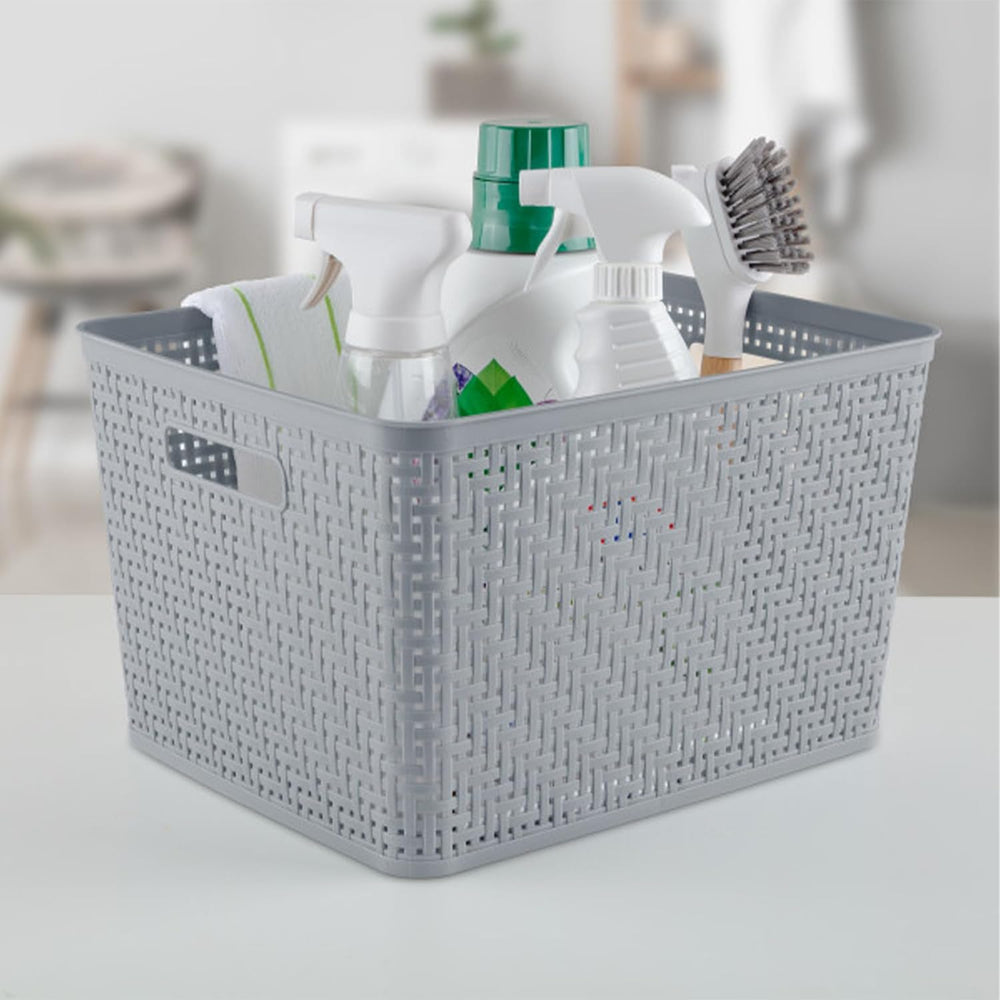 Sterilite Tall Basket, Woven Plastic Storage Organizer Bin, Cement, 6-Pack