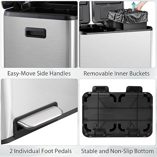 SUPER DEAL Kitchen Trash Can 16 Gallon 60L Dual Stainless Steel Garbage and - Image 4