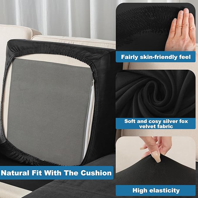 Couch Cover 6-Piece Elastic Velvet Couch Cushion Covers & Chaise Slipcovers - Image 4