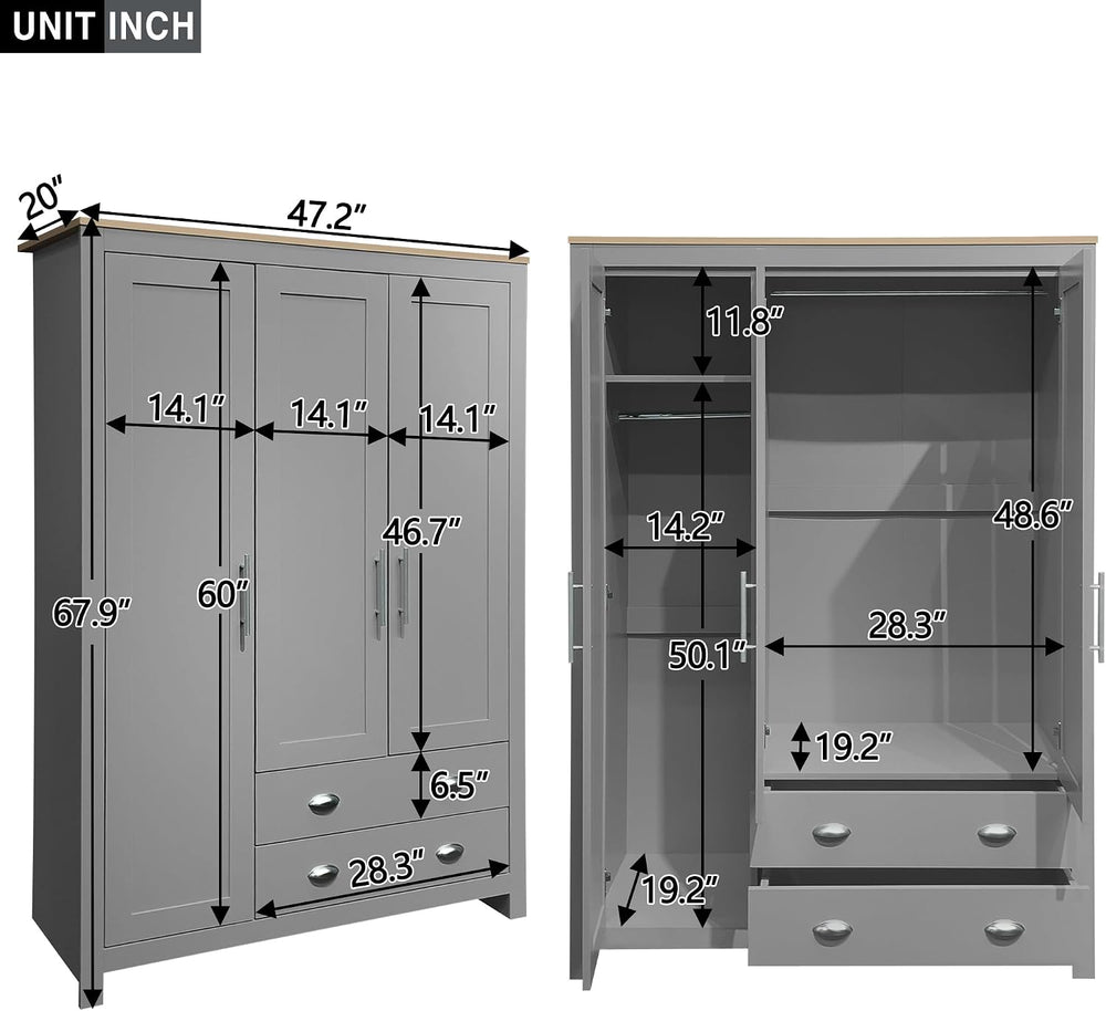 3 Doors Armoire Wardrobe Closet with 2 Drawers, 67.9" H Wooden Closet Wa...