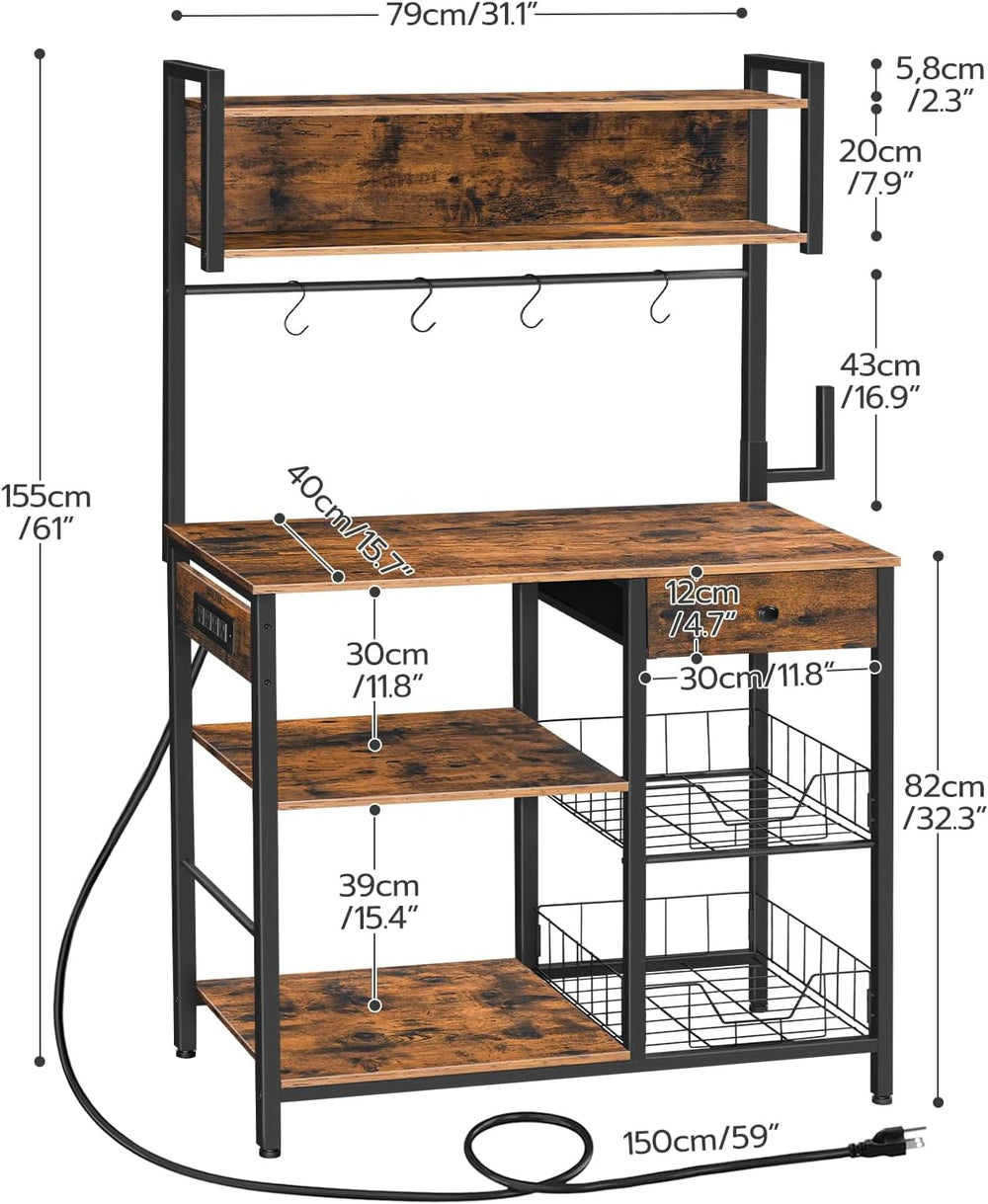 HOOBRO Bakers Rack with 4 AC Power Outlets, 5-Tier Coffee Bar with Wire Baske...