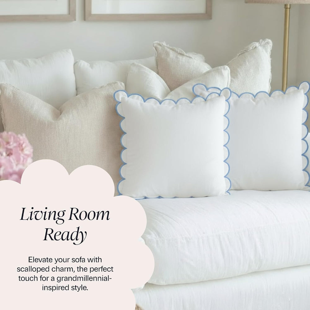BEBE BASK Scalloped Pillow Cover Set of 2, 18x18, 100% Cotton - White/Blue