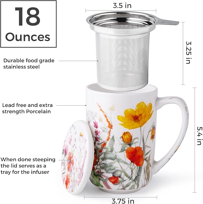 AmorArc Porcelain Tea Mug with Infuser and Lids, 18 Oz Large Cup Strainer with - Image 3