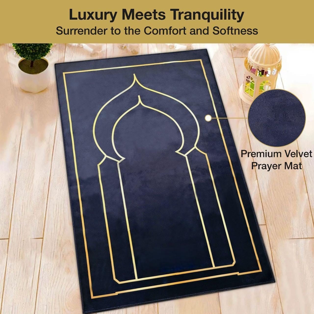 Luxury Velvet Muslim Prayer Mat – Portable Foldable Sajadah with Travel Bag, Dua Booklet & Elegant Gift Box - Premium Islamic Janamaz for Home, Mosque & Travel – Black