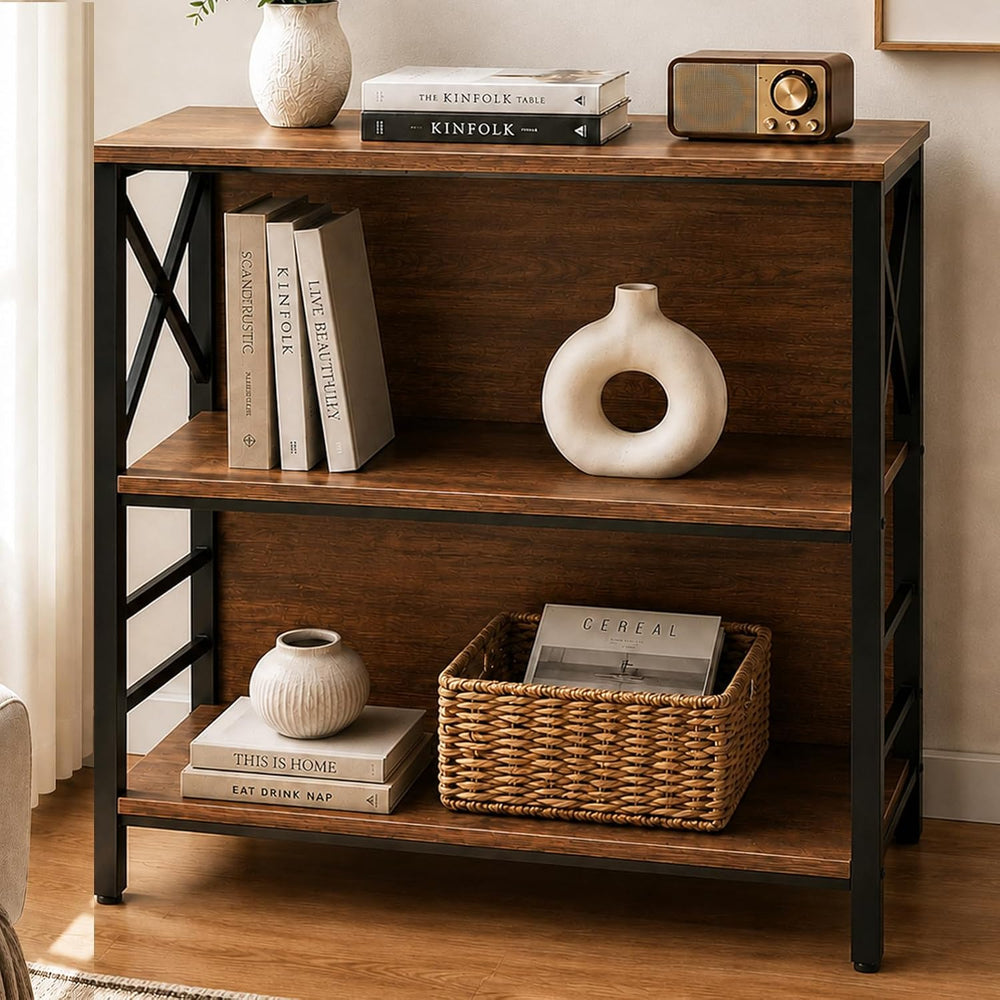 MNEETRUNG Book Shelf, Small 3-Tier Industrial Bookshelf with Strong Metal Fra...
