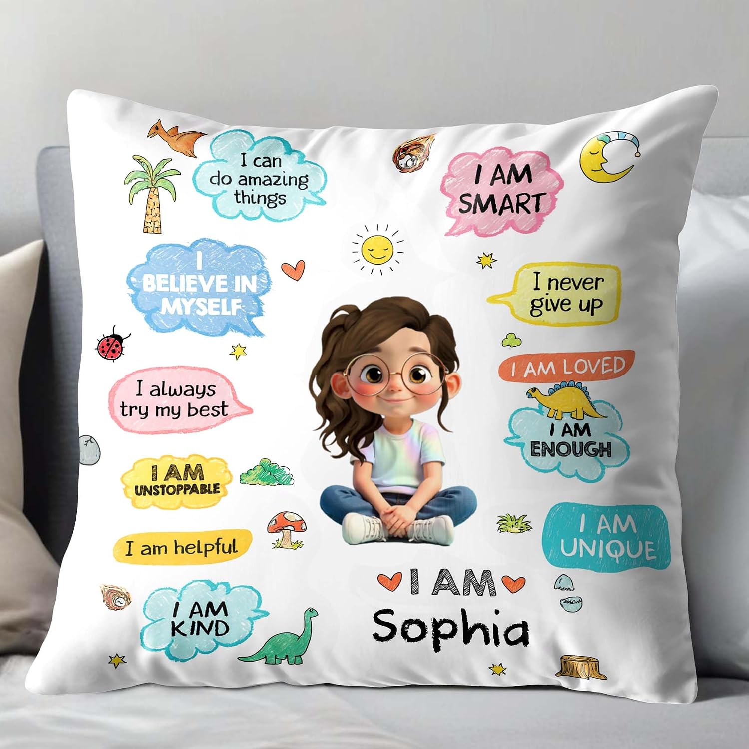 Personalized Affirmation Pillow Cover for Kids, Custom Character & Name Decorative Cushion, “I Believe in Myself” Positive Quotes, Cute Playroom Bedroom Decor for Back to School
