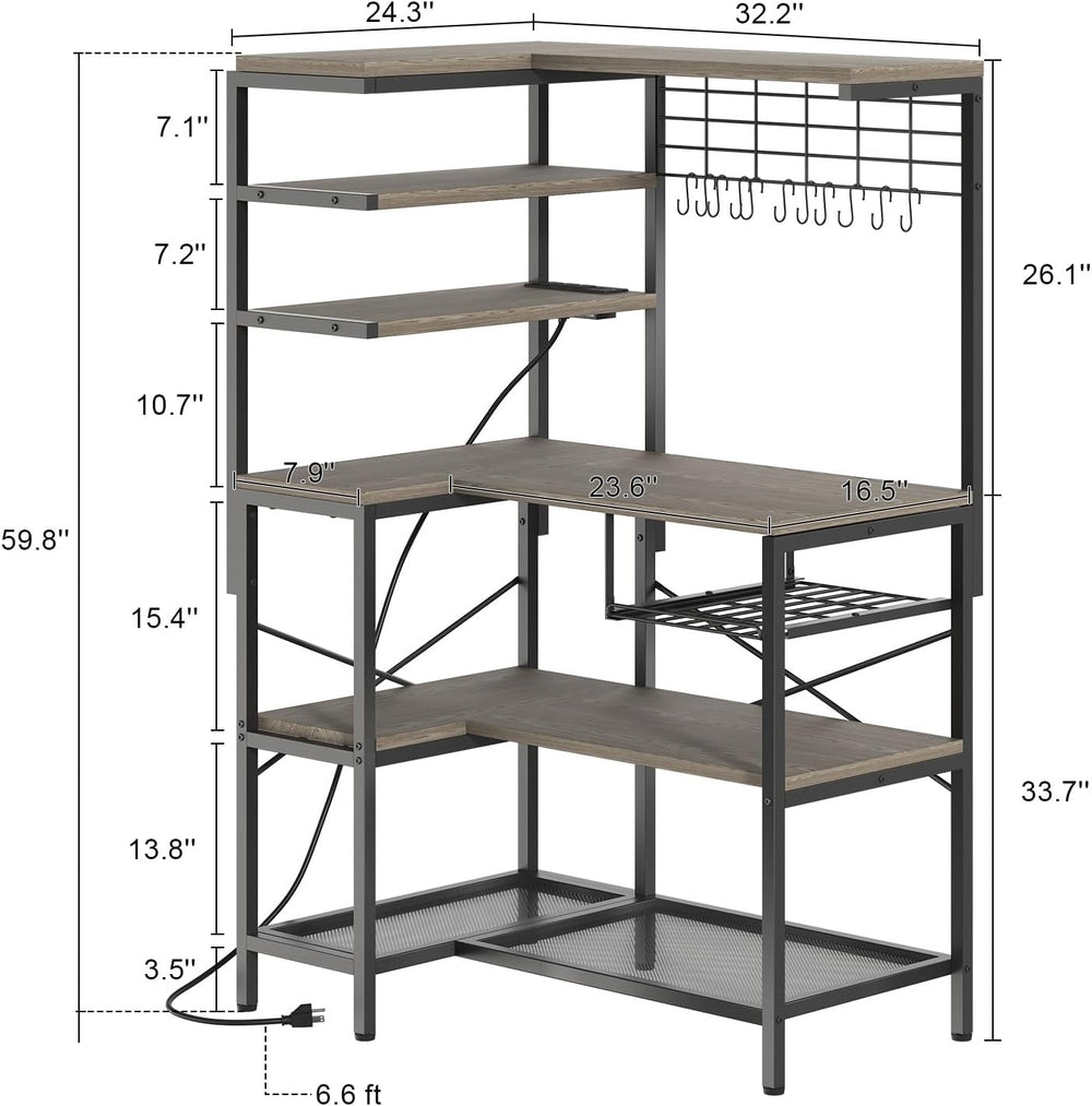 L-Shaped Bakers Rack with Power Outlet, 6-Tier Microwave Stand with Storage, ...