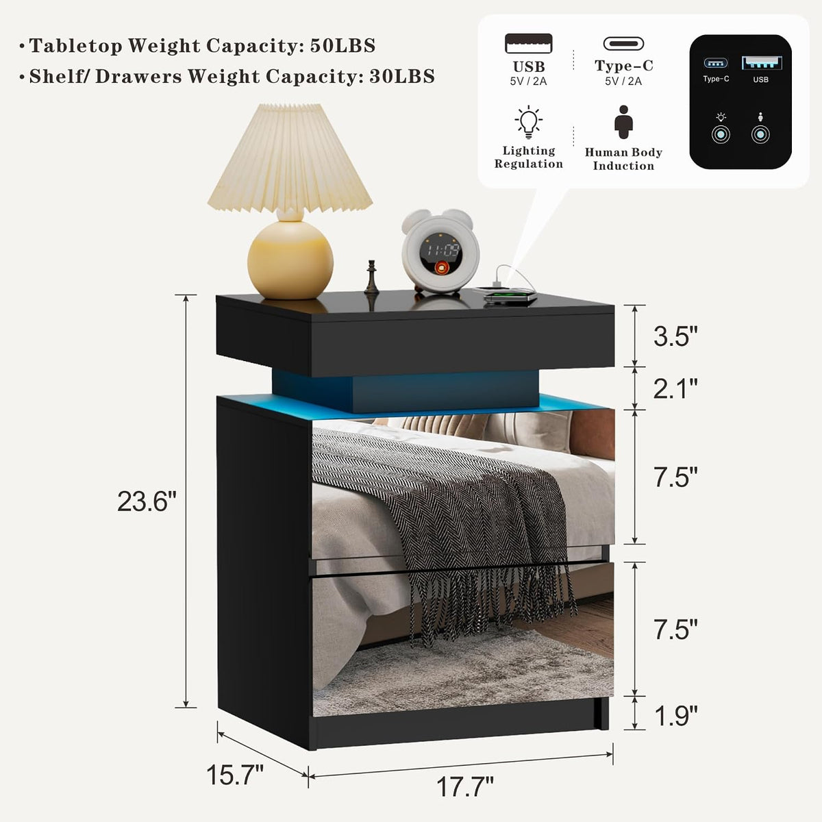 led mirrored nightstand with charging station, bedside table shown in use