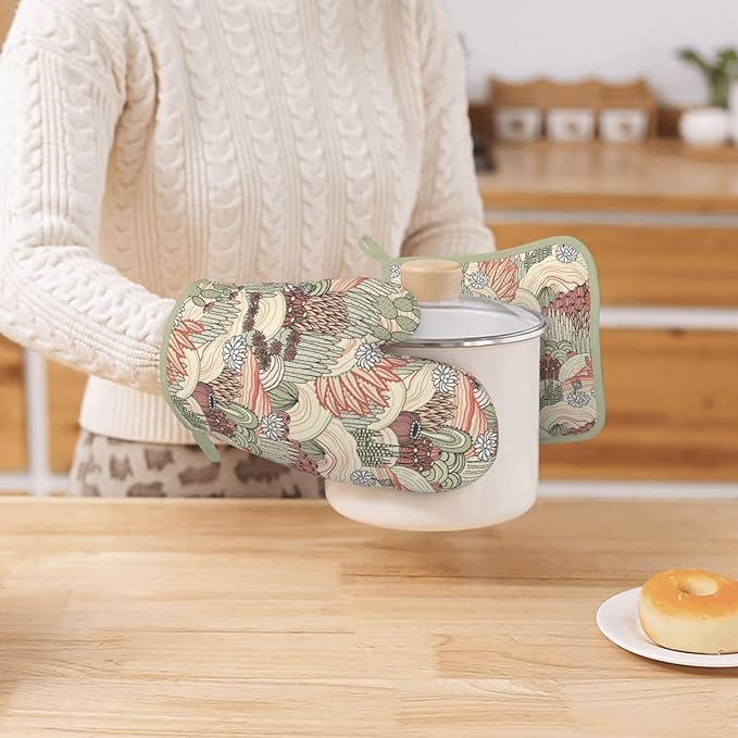 Cactus Succulent Silicone Oven Mitts Pan Mats Set of 2, Heat Resistant Gloves - Image 7
