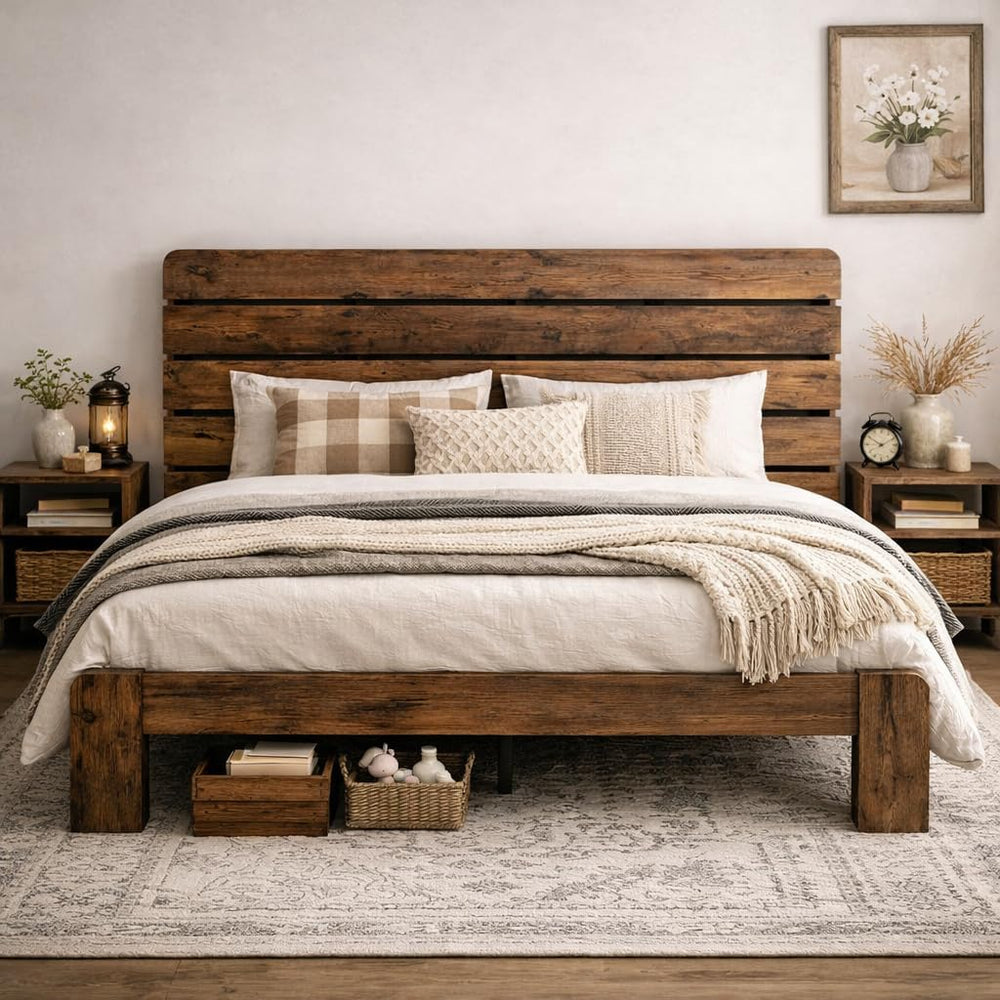 Wooden Full Size Bed Frame with Linear Headboard, Rustic Platform