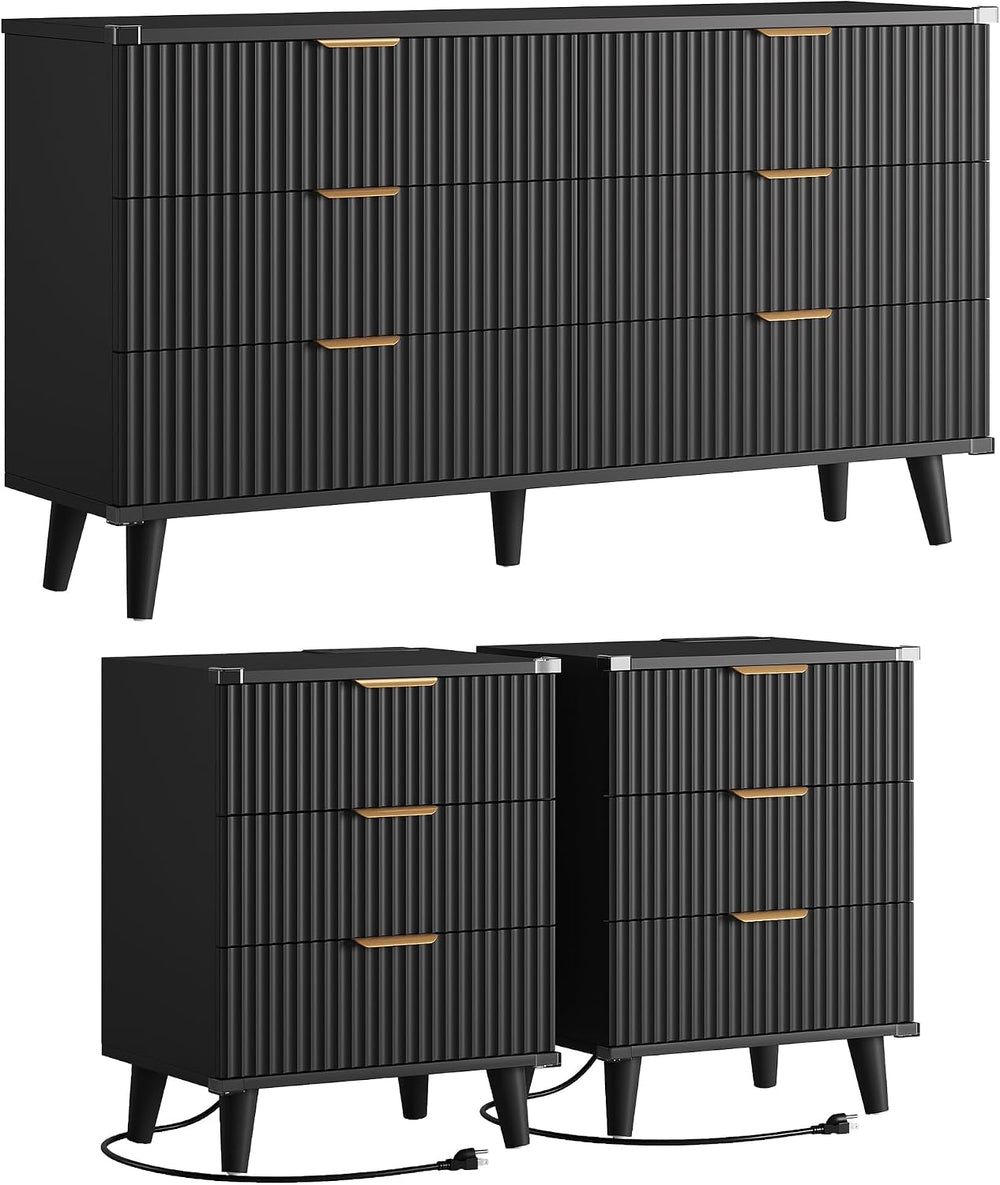 Modern Dresser and Nightstand Sets 3-Piece, 2 Nightstands 6-Drawer Dresser