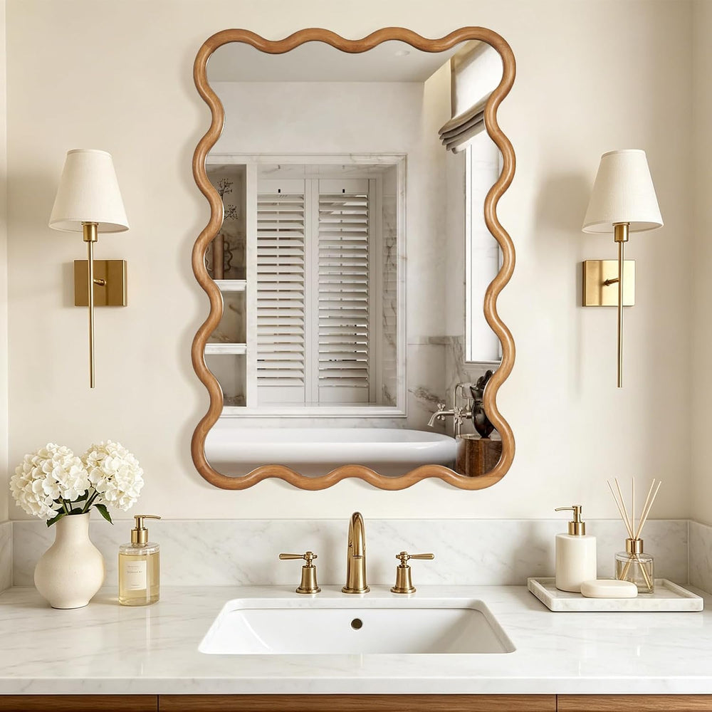 28"x40" Wavy Wood Mirror, Rectangular Wall Mirror with Natural Wood...