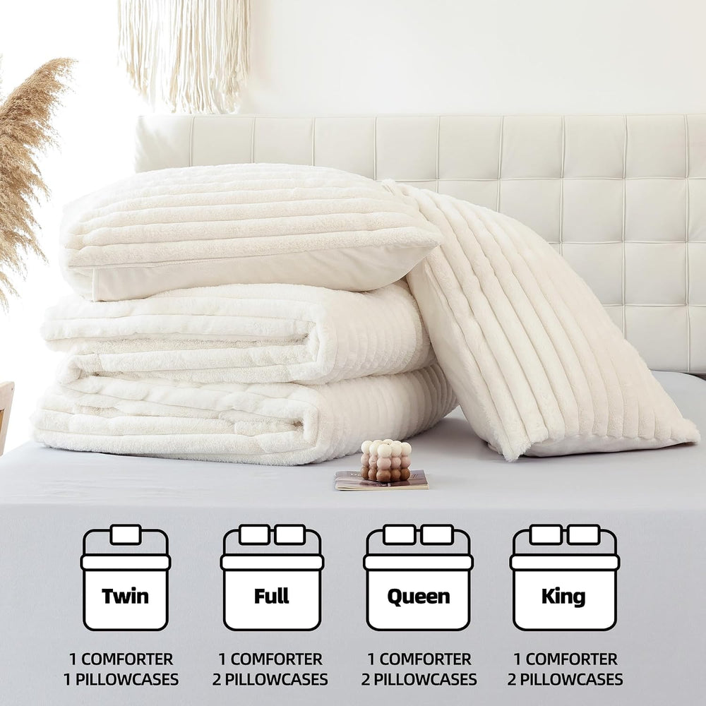 Fluffy Queen Size Comforter 3 PCS - Cream White Fleece Bedding Set