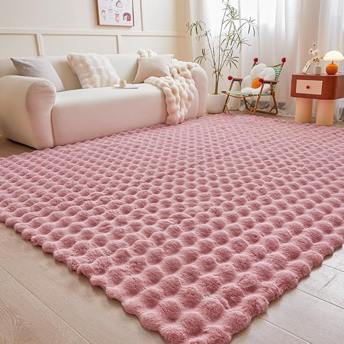 Pink Rabbit Plush Rug 6'x9', Fluffy Faux Fur Shaggy Area Rug - Image 2