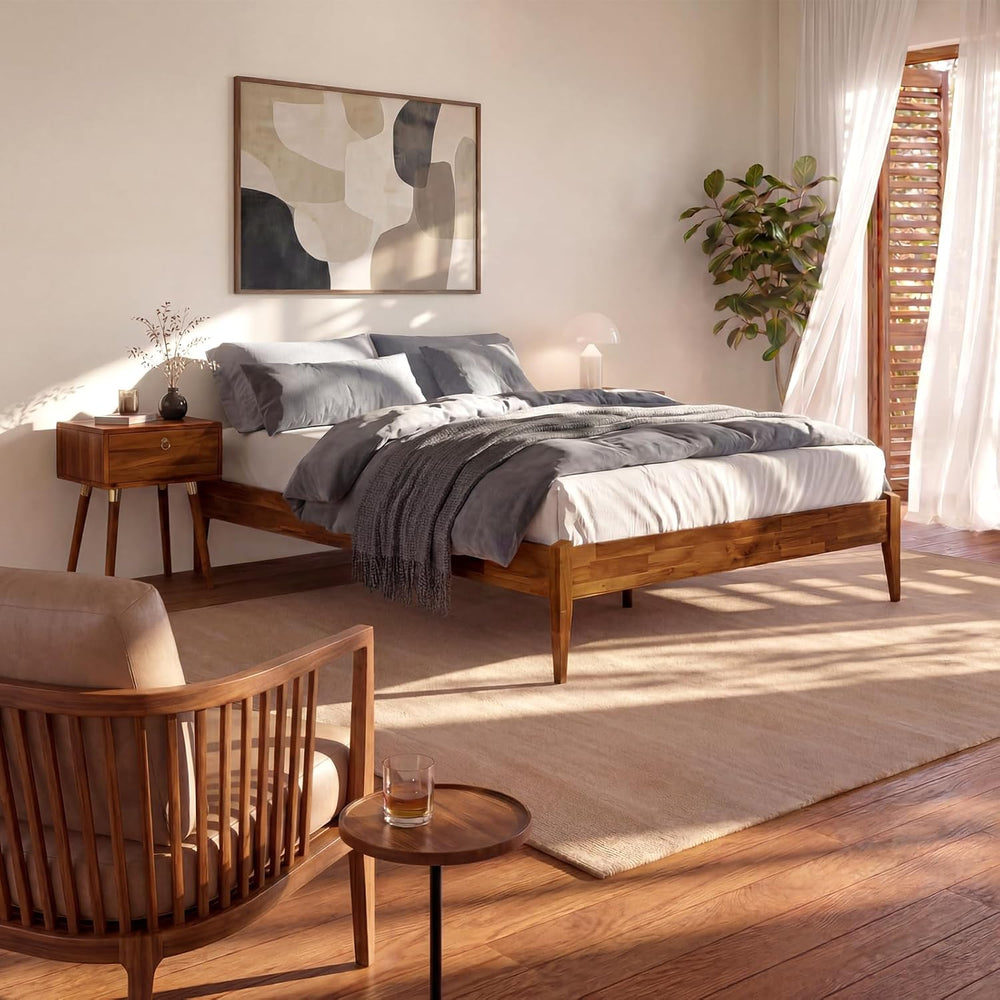 Bme Dinkee 15-Inch Solid Wood Queen Platform Bed Frame - Japanese Joinery, Mi...