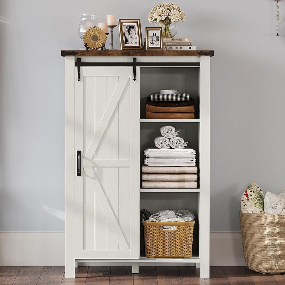 AMERLIFE 31.5" Farmhouse 5-Drawer Dresser with Barn Doors, Distressed White