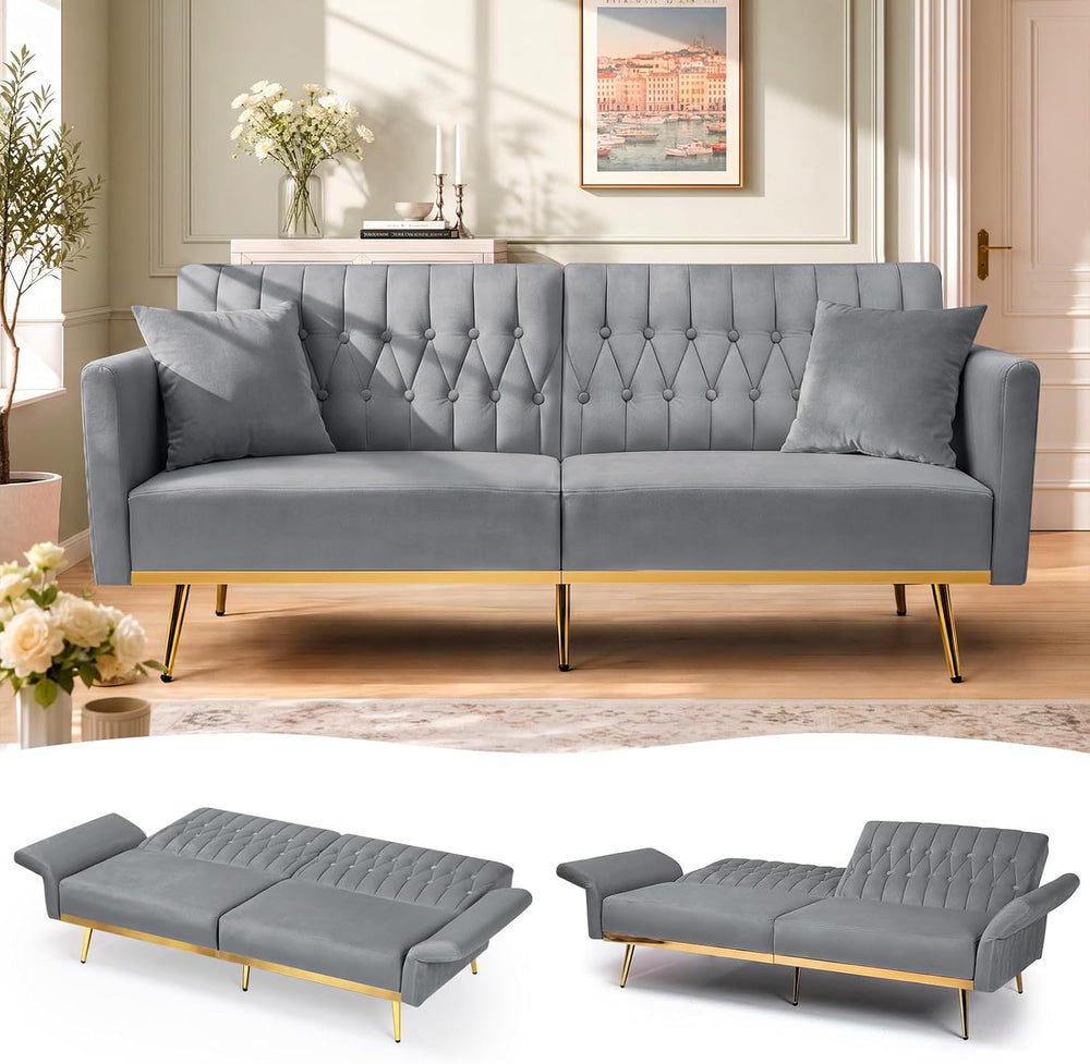 70” Velvet Futon Sofa Bed w/Adjustable Armrests, Grey
