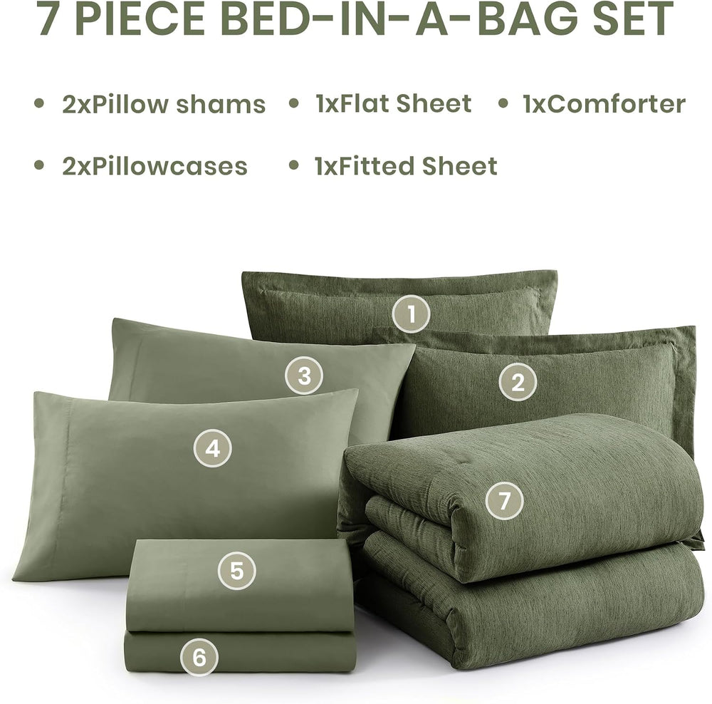 Monbix King Size Comforter Set Olive Green 7 Pieces Bed in a Bag