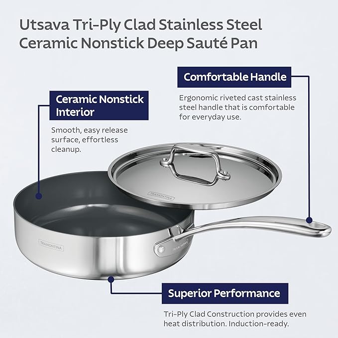 Tramontina Utsava Tri-Ply Clad Stainless Steel 2.9-Quart Saute Pan