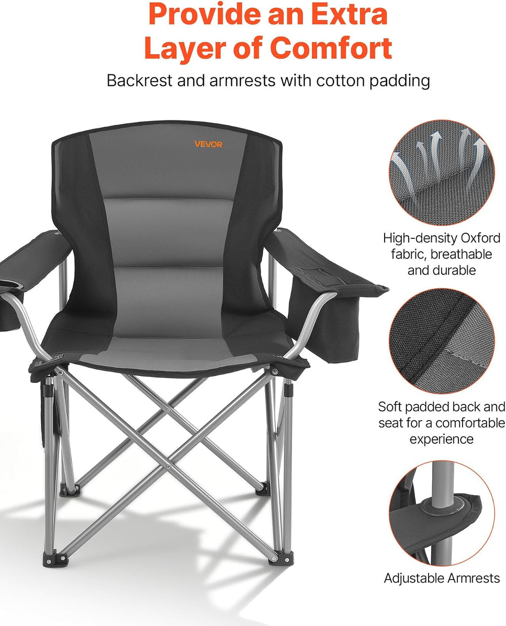 VEVOR Oversized Camping Folding Chair, Portable Heavy Duty Outdoor Quad Lumba...