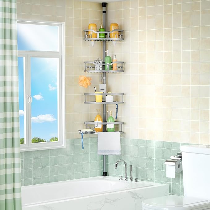 HAMITOR Corner Shower Caddy Tension Pole: Rustproof 4-Tier Bathroom Organizer