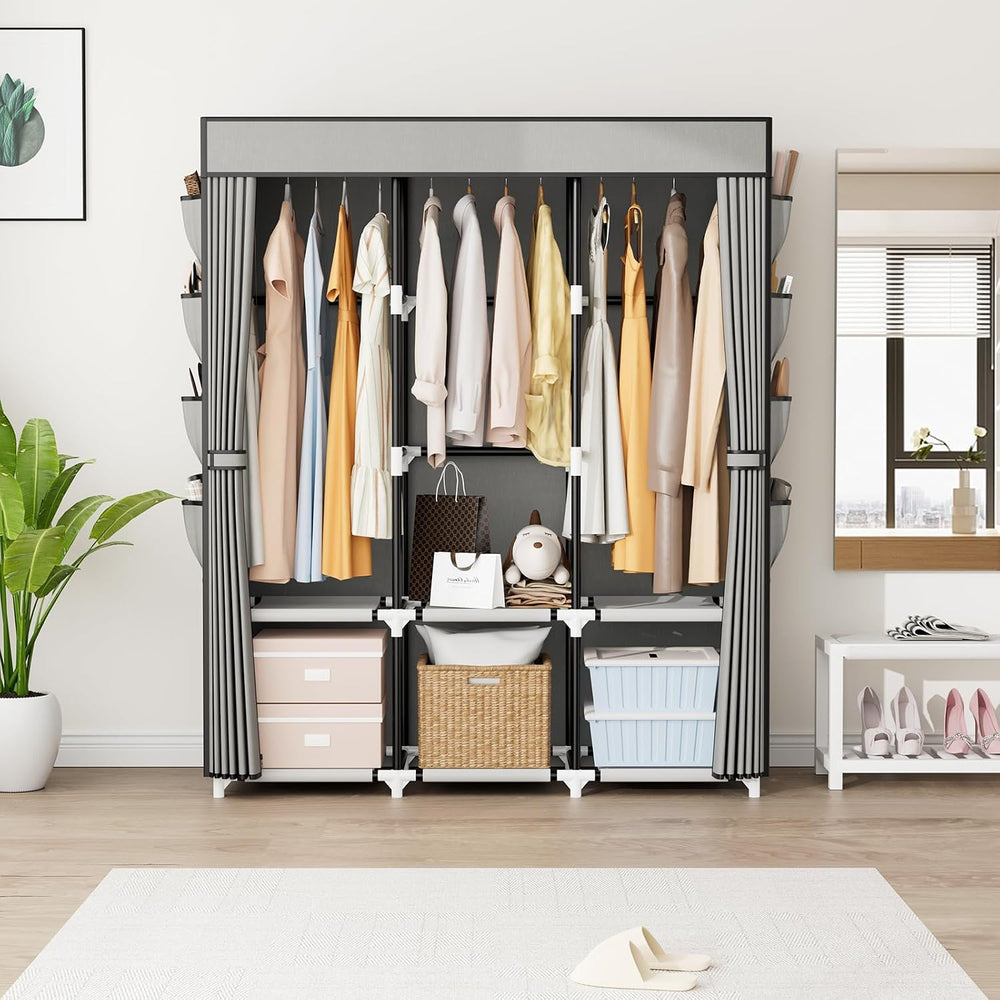 Portable Closet with Cover, 3 Hanging Rods and Side Pocket, Sturdy Free Stand...