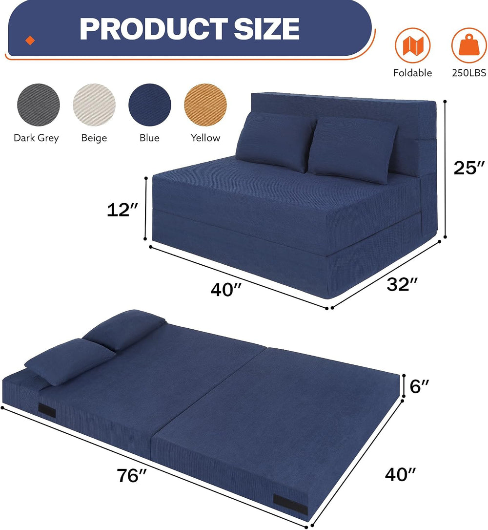 Fold Out Chair Bed with Pillow High-Density Foam Standard Size, Blue