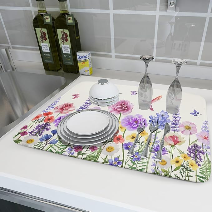 Giwawa Hummingbird Flower Dish Drying Mat 18x24 inch Watercolor Spring Herb - Image 6