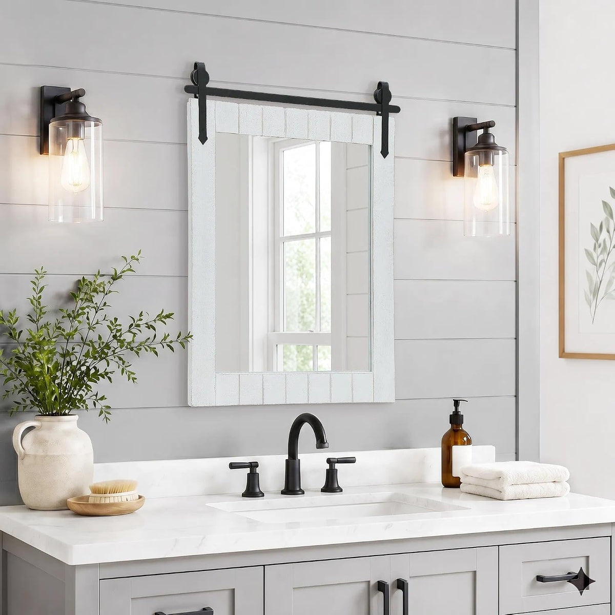 rustic bathroom vanity mirror: 22"x30" white farmhouse barn, main product view