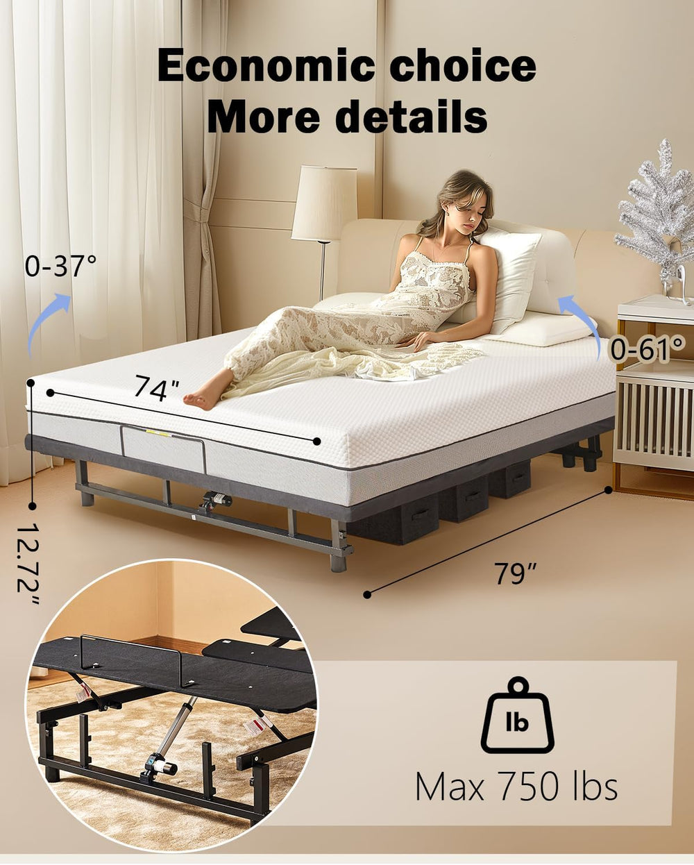 Mixcous King Adjustable Bed Base Frame - Quiet Motor, Head & Foot Incline