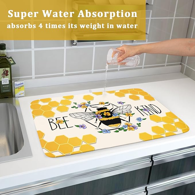 Giwawa Bee Kind Dish Drying Mat, Summer Bees Flowers Dish Drainer Mats - Image 7