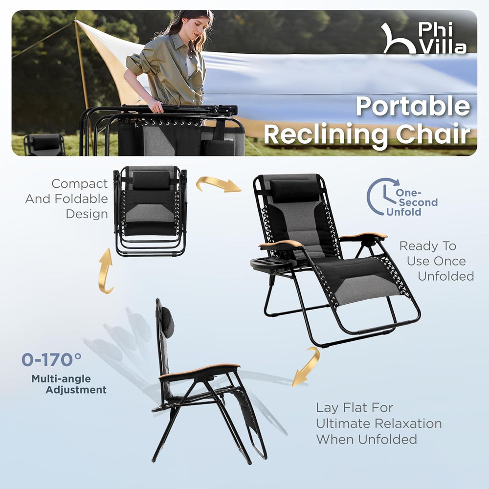 PHI VILLA XXL Oversized Padded Zero Gravity Chair, Foldable Patio Recliner, 3...